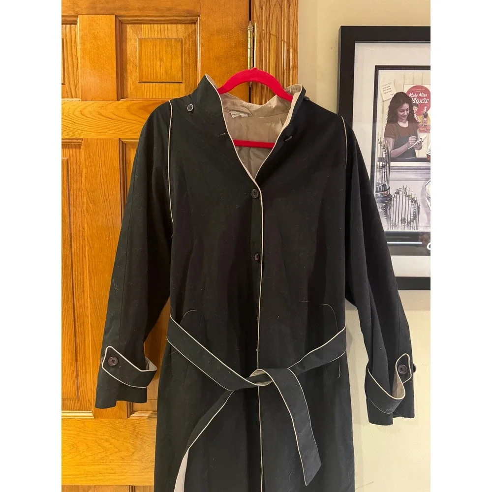 Foxland Belted Trench Coat Black Contrast Piping Long‎ Jacket Womens Lightweight